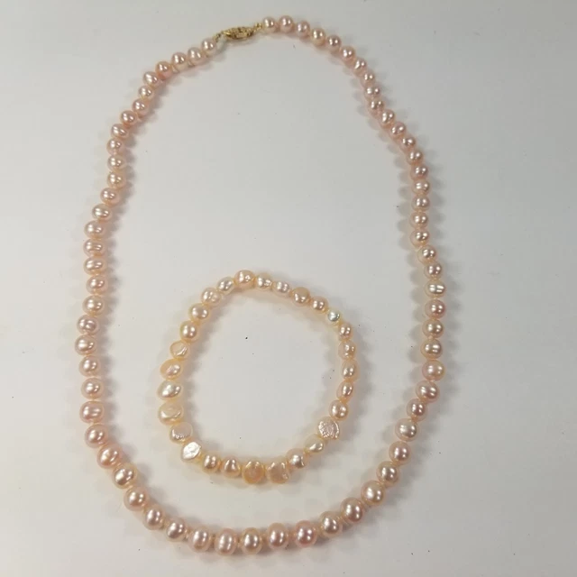 Fresh Water Cultured Pearl Bracelet & Necklace Set ~ Peach/Pink