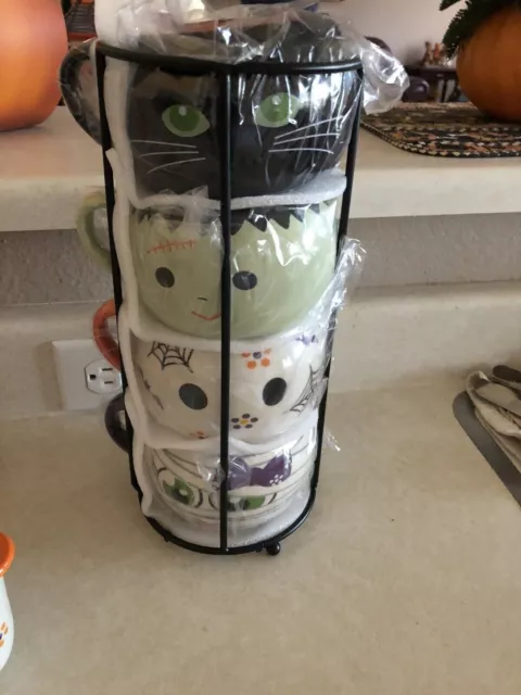 Set of (4) Temp-tations Boofetti Halloween 16-oz Stackable Mugs w/ Rack NEW NIB