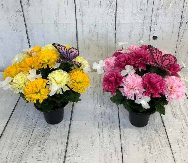 Artificial Carnation Flowers with Butterfly in Grave Crem Pots - Memorial Insert