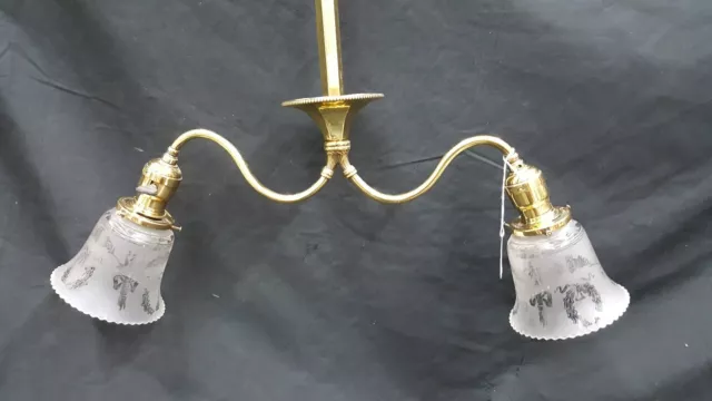 Antique Brass Ceiling Light Fixture Chandelier With Two Etched Glass Shades