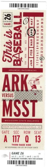Arkansas Razorbacks Baseball Ticket Stub Mississippi St 4/20/2019 Baum Stadium