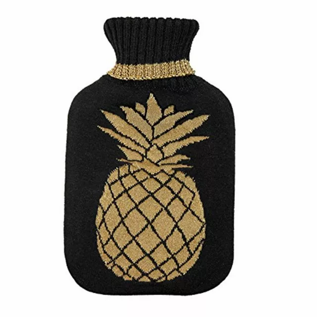 Aroma Home Black Knitted Pineapple Fabric Cover PVC Hot Water Bottle Gift Boxed