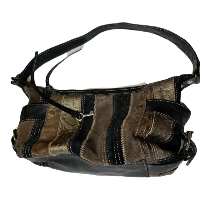 FOSSIL Patchwork Leather Suede Shoulder Handbag, Metallic Hobo Purse