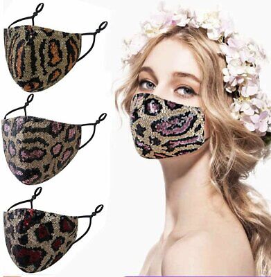 Animal Print Sequin Glitter Fabric Shiny Bling Leopard Face Mask Washable