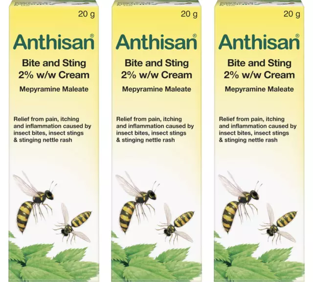 Anthisan Bite and Sting 2% Cream 20g - Relief From Pain, Itching - 3 PACK