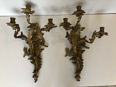 Pair of Vintage French Rococo Gilt Dore Bronze Candle Wall Sconces, 21" T, 14" W