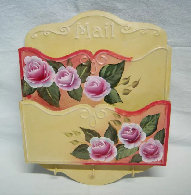 Vtg Kitschy Toleware Tin Letter Mail Key Holder Hand Painted Roses 12"x 11" x 2"