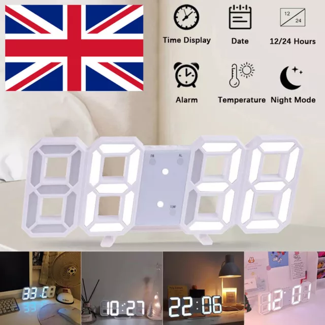 3D LED Digital Wall Clock Alarm Date Temperature Table Desktop Home Decor USB UO