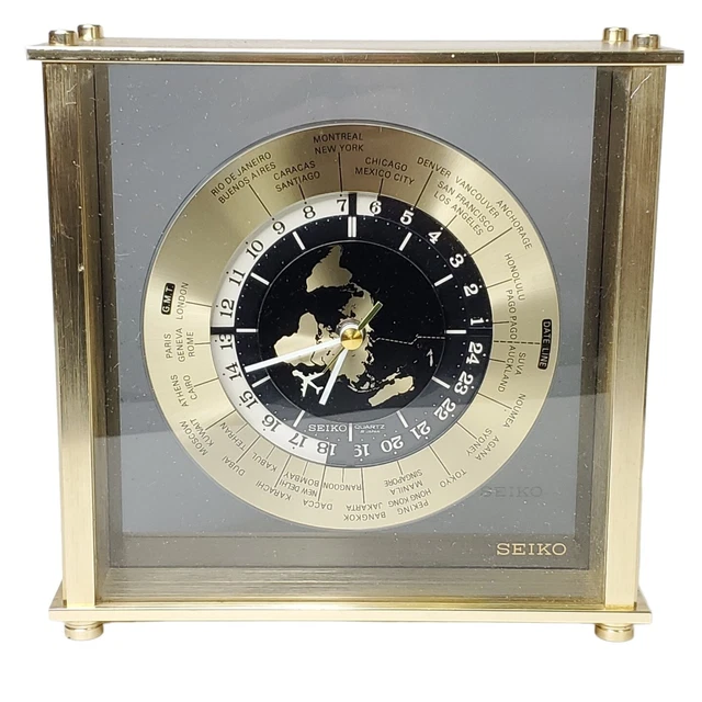 VINTAGE SEIKO WORLD Time Zone Clock Gold Airplane Second Hand Quartz