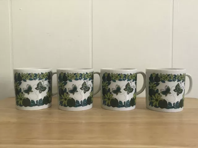 Vintage MCM Coffee Mugs Flowers Butterfly Green Blue Set Of 4 Japan READ