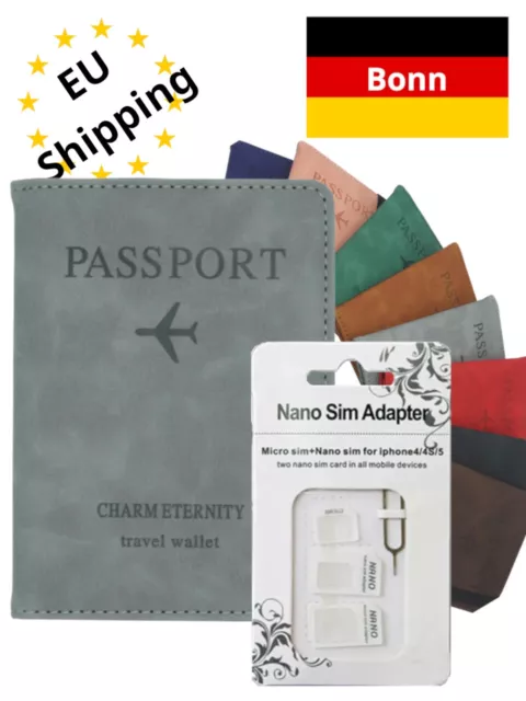 Leder Reisebrieftasche Hülle Reisepass Impfpass Kreditkarten RFID/NFC + Adapter