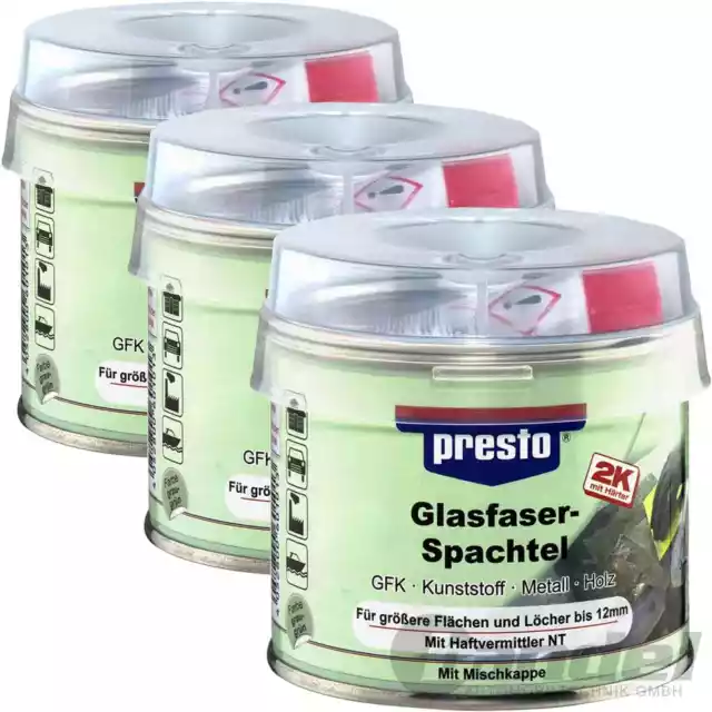 3x 250g PRESTO 2K GLASFASERSPACHTEL HÄRTER GLASFASER FASER SPACHTEL UNIVERSALL