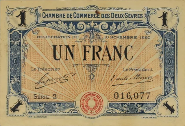 Billet France  1 Franc Chambre de Commerce des Deux Sèvres 13/11/1920 B10024