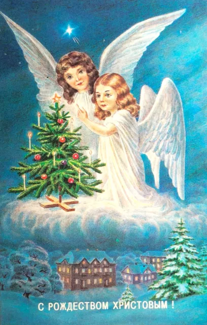 1990s Children Angels Christmas Tree Merry Christmas Postcard Greeting card