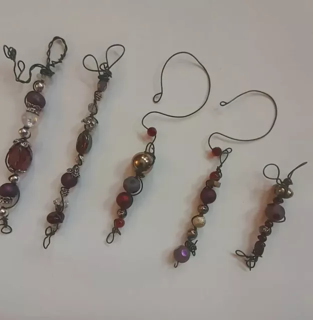 Set of 7 Purple Lampwork Glass, Silver And Gold Beaded Christmas Ornament Hooks