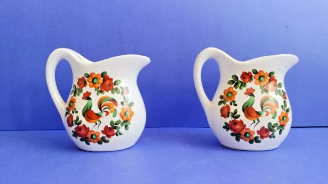 TWO Vintage Left-Handed USA McCoy Pottery Ceramic Small Pitcher Creamer Rooster 