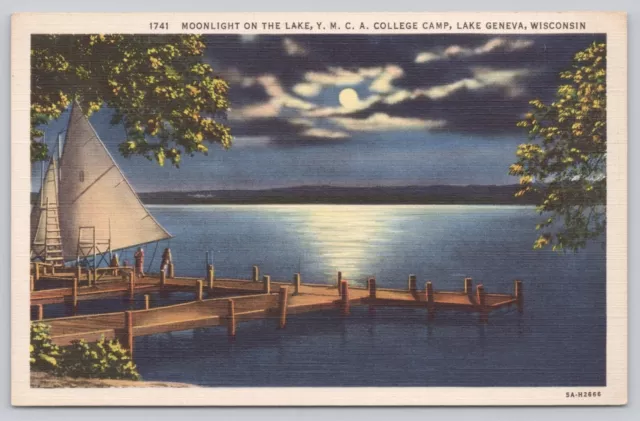 Postcard Moonlight on Lake YMCA College Camp Lake Geneva Wisconsin Linen A3