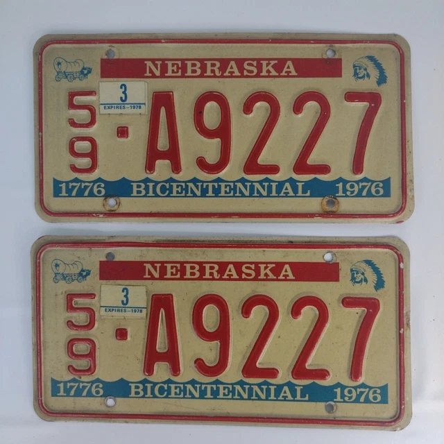 VINTAGE NEBRASKA LICENSE Plates Pair Bicentennial 59-A9227 $22.50
