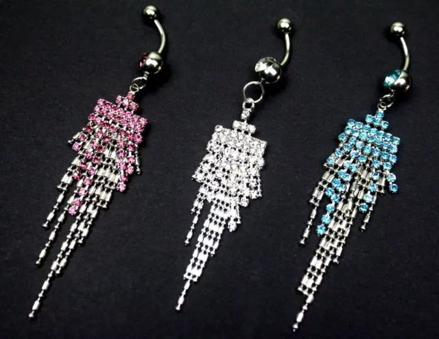 Long Fancy Tassel Dangle Chain chandelier Rhinestone Gem Navel Belly Ring Bar