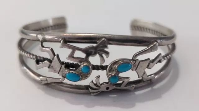 Navajo Ella Peter Sterling Turquoise Kokopelli Cuff Bracelet SIGNED