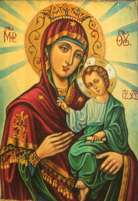 Icono Dorado Búlgaro De Colección Pintado A Mano María Cristo Niño