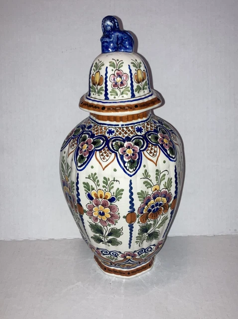 Vtg Delftse De Pauw 12.5” Ginger Jar Polychrome Urn w. Lid and Lion-Hand Painted