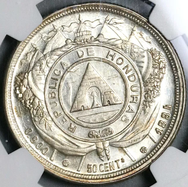 1884 NGC MS 62 Honduras 50 Centavos Silver Pyramid Coin POP 1/1 (21111702C)