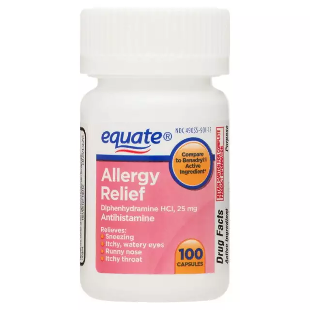 Equate Allergy Relief Capsules, 25 Mg, 100 Count