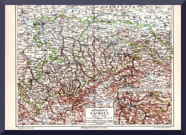 Historische Landkarte +Königreich Sachsen+ 1895 +Erzgebirge,Oberlausitz,Vogtland