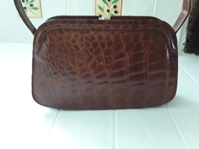 Sacoche Cuir Imitation Croco - Vintage 1940, 29x24x8cm, Besace Marron