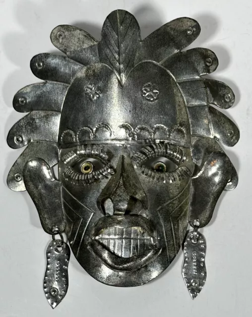 Mexican Tin Metal Folk Art Mask Eyelashes Earrings Wall Hanging Green Eyes