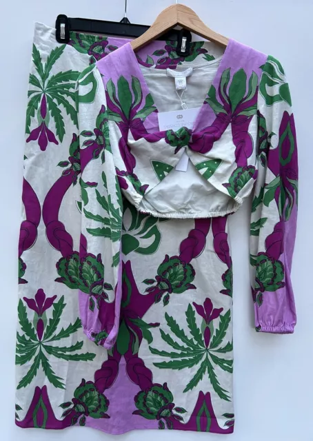 Caroline Constas Top Blouse Skirt Set 2 Piece Matching NWT Purple Floral XS