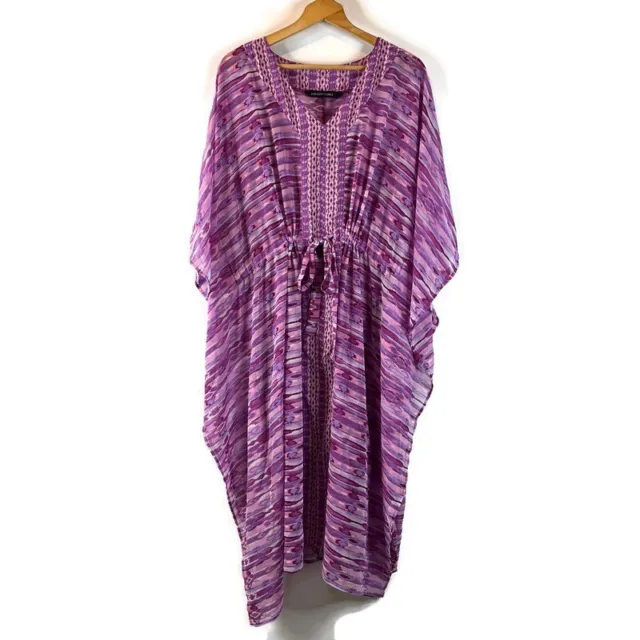 Colleen Lopez Womens Kaftan Dress Size Large Purple Kimono Sleeve Drawstring Tie