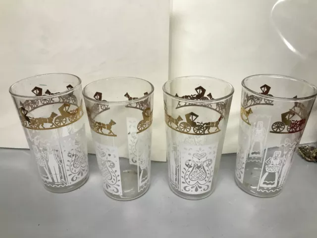 4 Vintage Mid Century 1950s Drinking Glasses Horse Carriage 4.5" Gold White