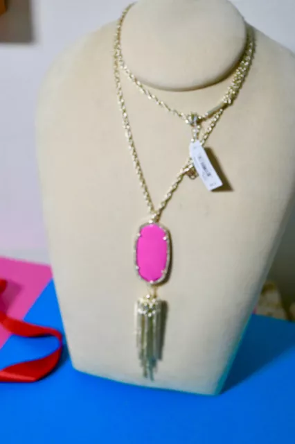 NWT $80 Kendra Scott "Rayne" HOT Pink Magenta Long Gold Tassel Necklace