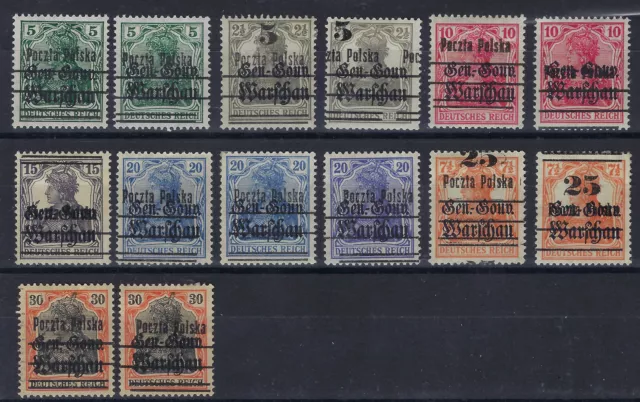Poland 1918-1919. Fi. 7-14, overprindt on Germania - collection of varieties