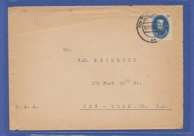 DDR 1950 Akademie 50Pfg als Einzelfrankatur auf Bf. von Chemnitz nach New York