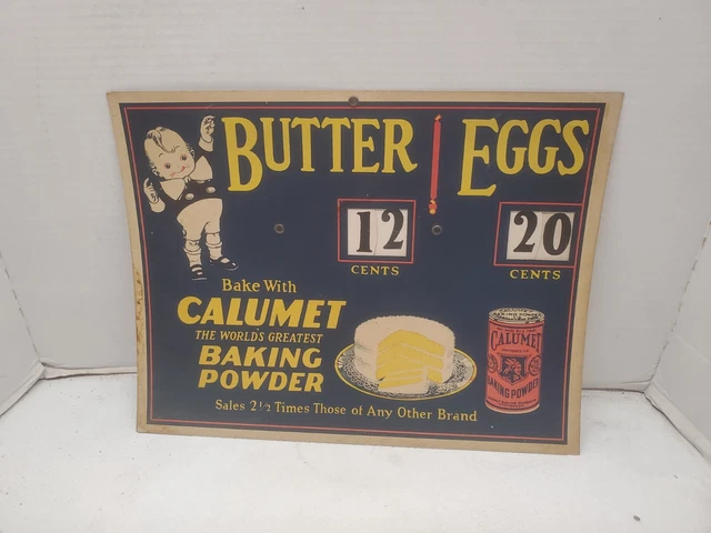 14" X 11" Cardboard Grocery Store Sign Calumet Baking Powder Butter Egg Prices