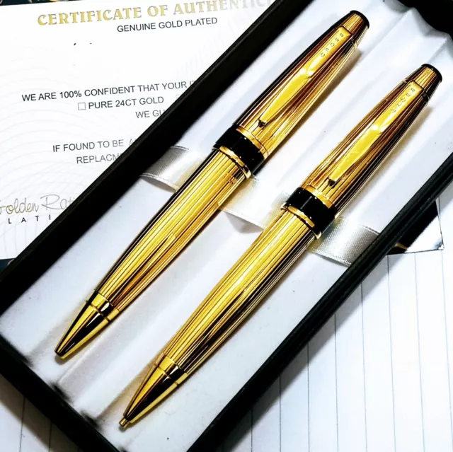 24k Gold Plated Cross Ball Point Metal Writing Pen Pencil Set Ink Gift Box 24ct