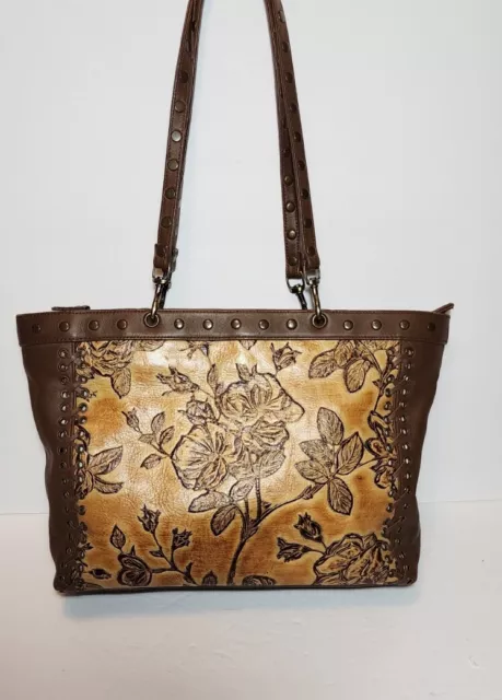 Isabella Fiore Bohemian 3D Tooled Roses Hand Whipstiched Studded Handbag Mrp$495