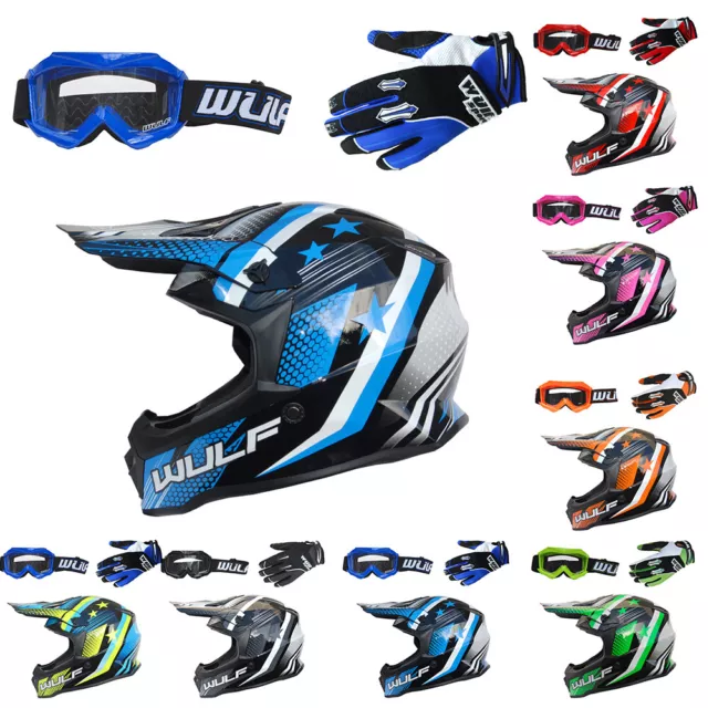 Wulfsport Iconic Kids Motocross Helmet Straos Gloves Cub Goggles Off Road Quad