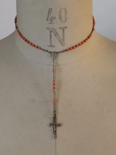 Ancien Chapelet Corail Rouge & Argent Massif Religion Eglise 5,3 g - 27,5 cm