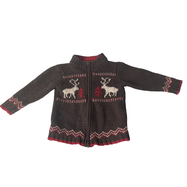 Oshkosh Baby Boy Sweater Size 24 M Reindeer Brown Knit Full Zip Christmas