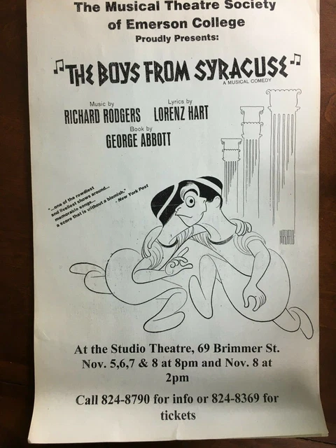 The Boys From Syracuse Emerson College Theatre Boston Poster 11x17 Vtg Abbott