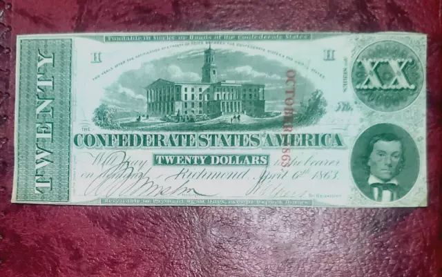 1863 $20 Confederate Currency ~ T-58 ~ Capitol At Nashville ~ Choice Crisp Unc