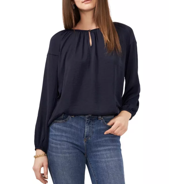 Vince Camuto Keyhole Peasant Top, Navy, Small, MSRP $79