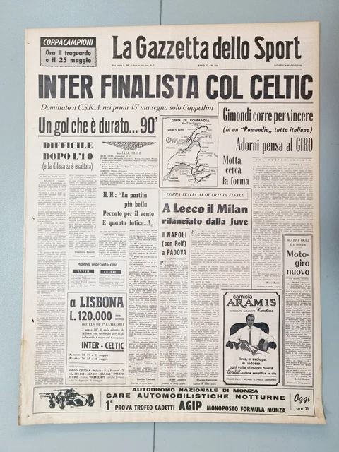 Gazetta Dello Sport Originale Du 26 Mai 1967 - Celtic Glasgow Bat L'Inter En Finale De C1
