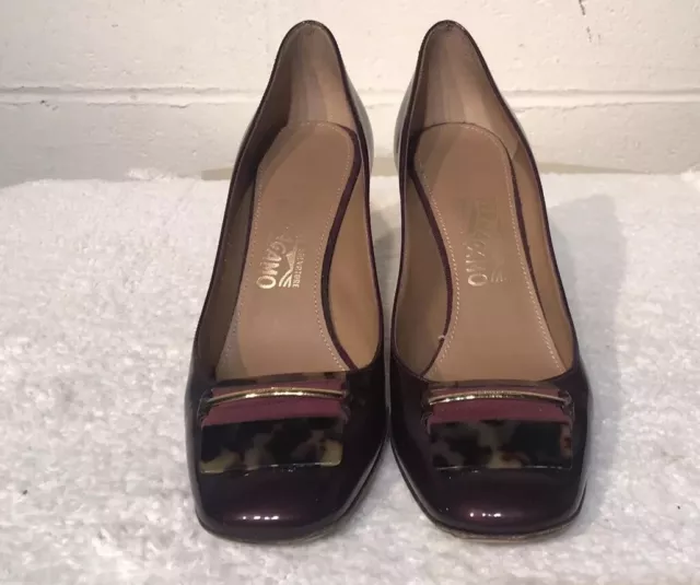 SALVATORE FERRAGAMO Italy Plum Patent Leather Block Heel Pumps Women’s Sz 7.5B