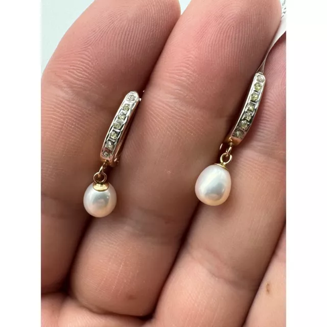 14K Rose Gold Diamond And Pearl Hoops Dangle Earrings