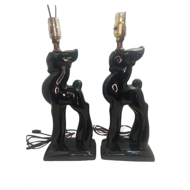 Phil Mar Vintage Ceramic Deer Table Lamps 14" MCM 1950's RARE PAIR Black/Green